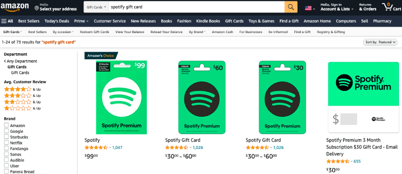 Amazon Spotify Gift Card Search Result