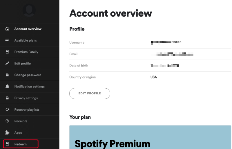 Spotify Profile Account Redeem
