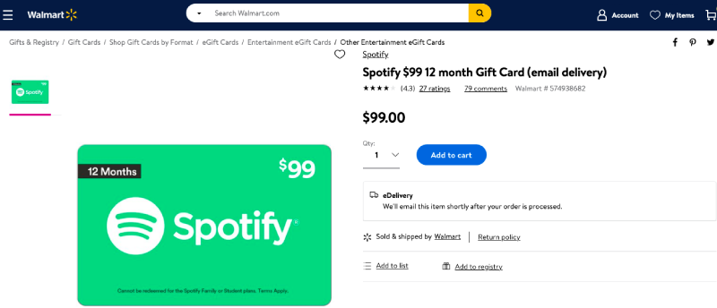Walmart 12 Months Spotify Gift Card