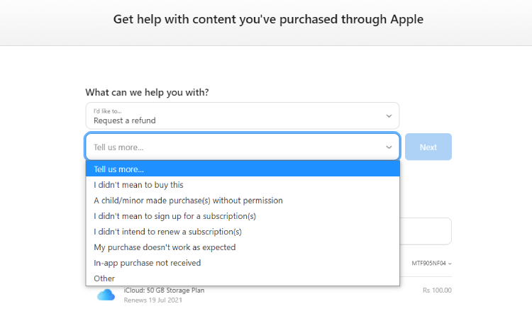 Apple Music Refund Choose Reason