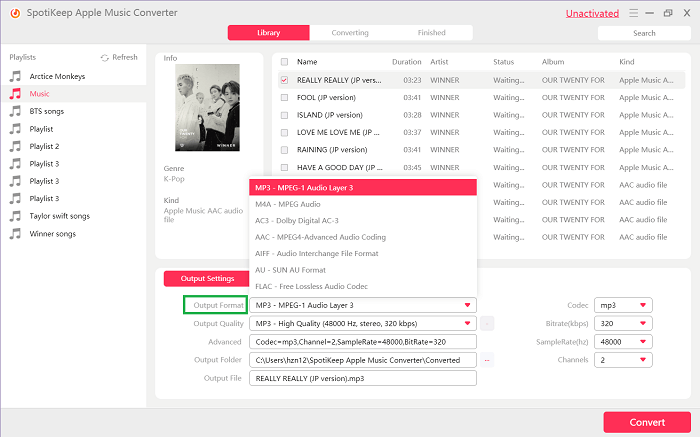 SpotiKeep Apple Music Converter Choose Output Format