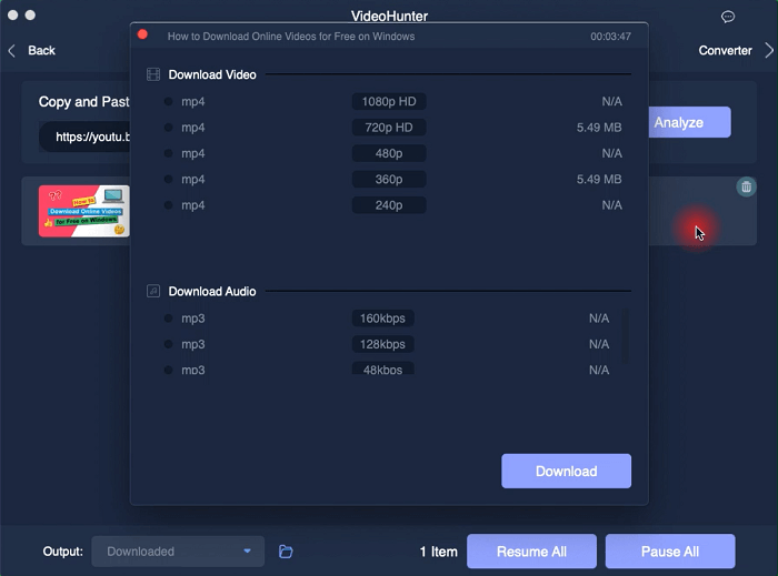 Select Output Format Quality in VideoHunter